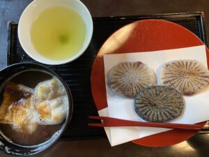 鳴門金時スイートポテト⑧：特上煎茶と滝の焼餅と特製ぜんざい